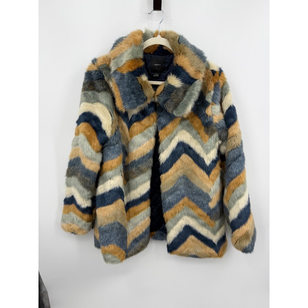 Forever 21 Chevron Faux Fur Jacket Womens L Multi Color Zigzag Plush Coat